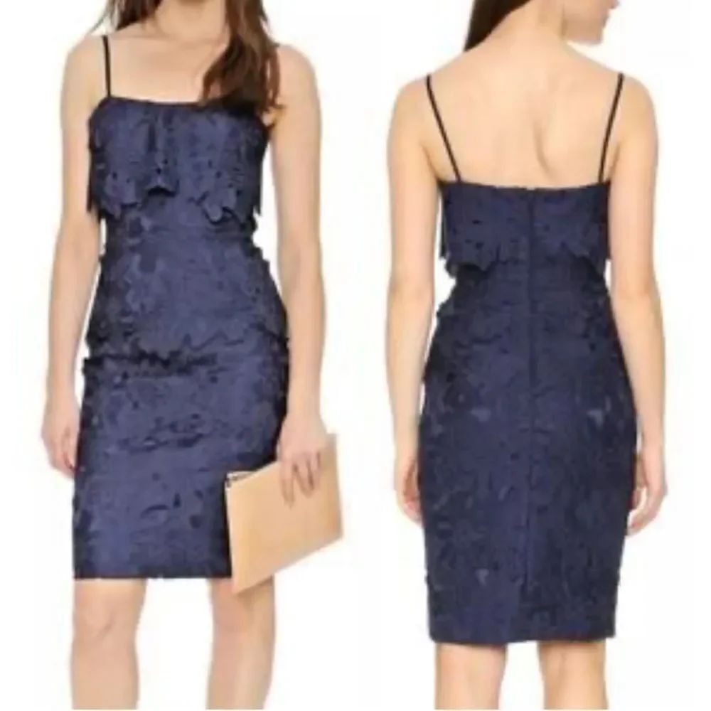Black Halo Navy Blue Embroidered Lace Popover Ora Sheath Dress Sz 4